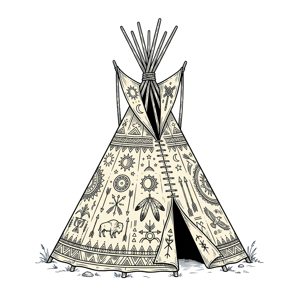 Illustration of a teepee decorated with Native American symbols and patterns on a dark background