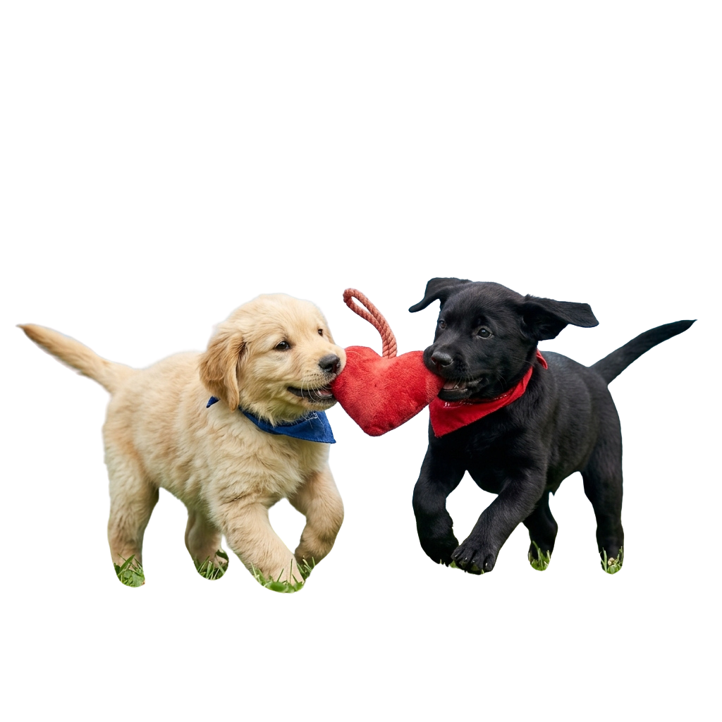 Two puppies, one light tan and one black, playing with a red toy on green grass.