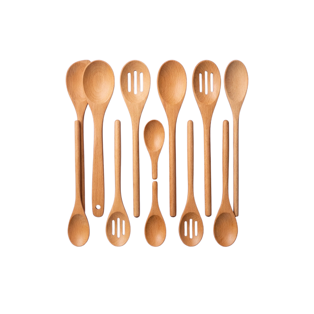 Collection of wooden spoons and spatulas with various shapes and sizes arranged on a black background