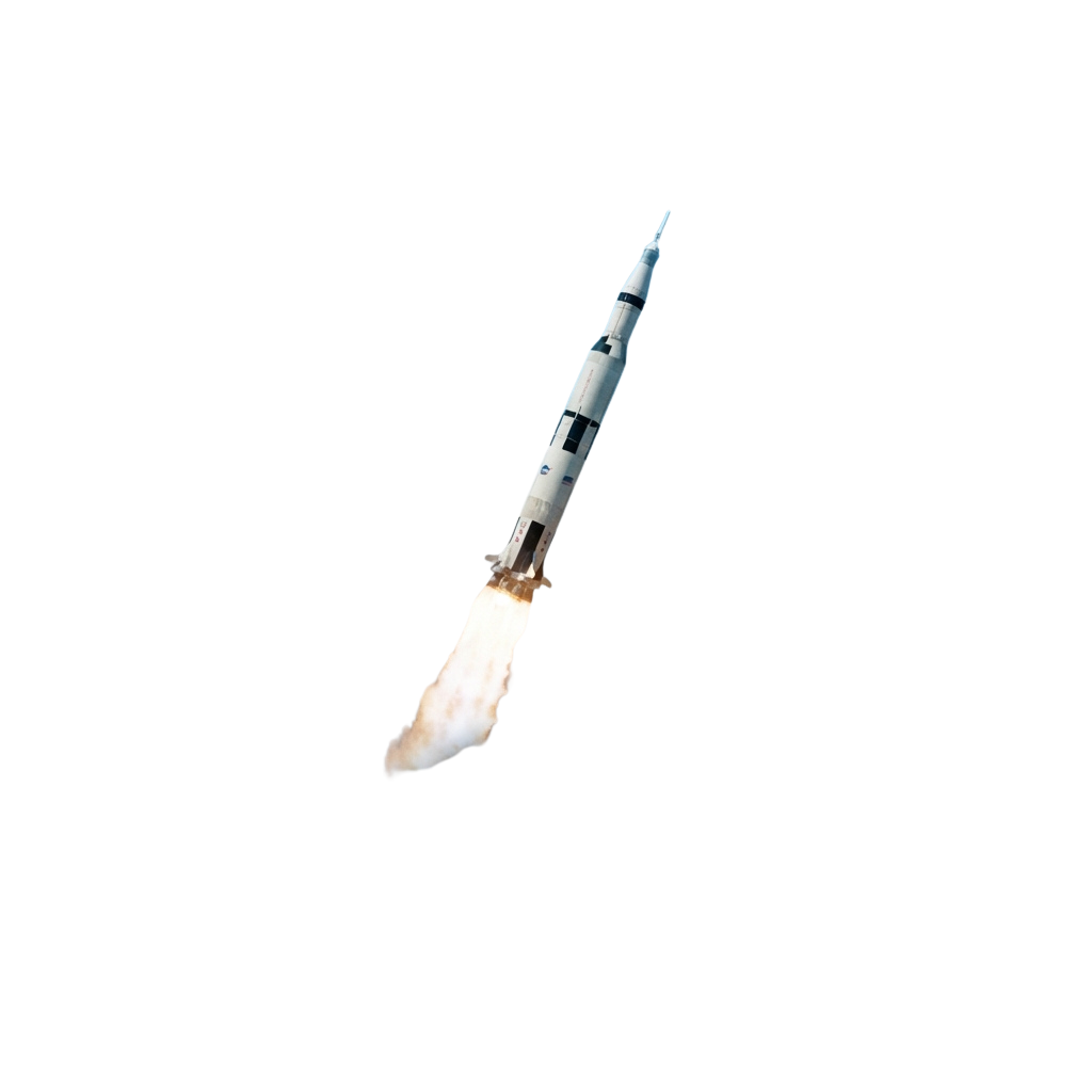A Saturn V rocket ascending with visible engine flame and exhaust plume against a black sky