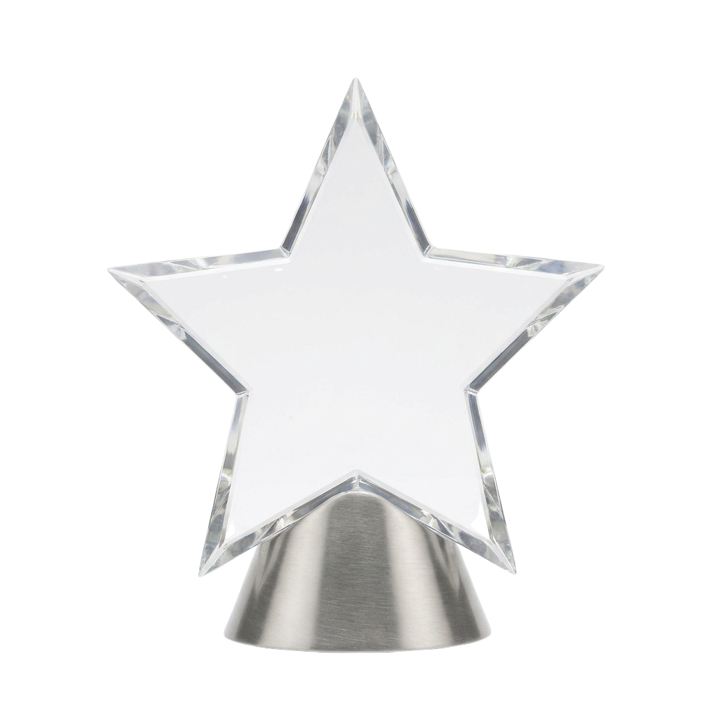 A clear acrylic star-shaped trophy with a reflective silver base against a black background