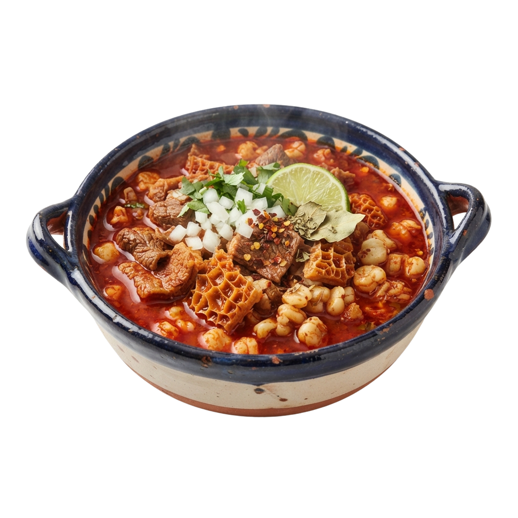 A hearty beef and chickpea stew served in a clay pot, topped with lime, onions, and cilantro