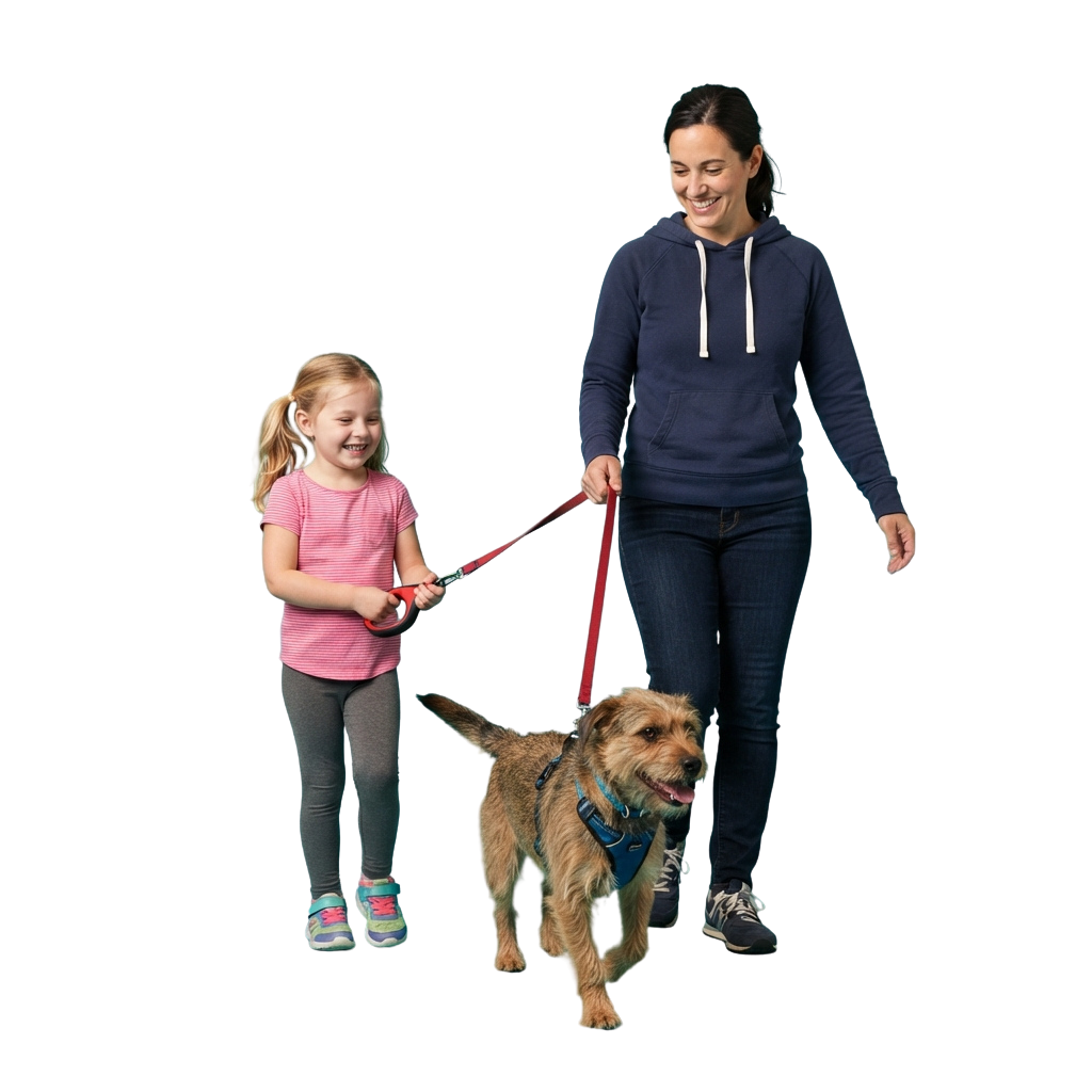 A woman and a young girl walking a dog on red leashes, smiling happily.