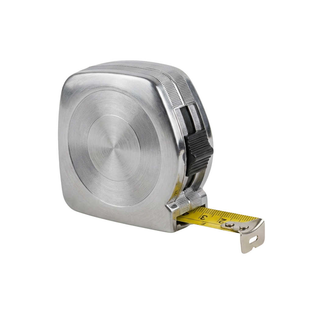 A stainless steel retractable measuring tape with a yellow measurement scale extended.