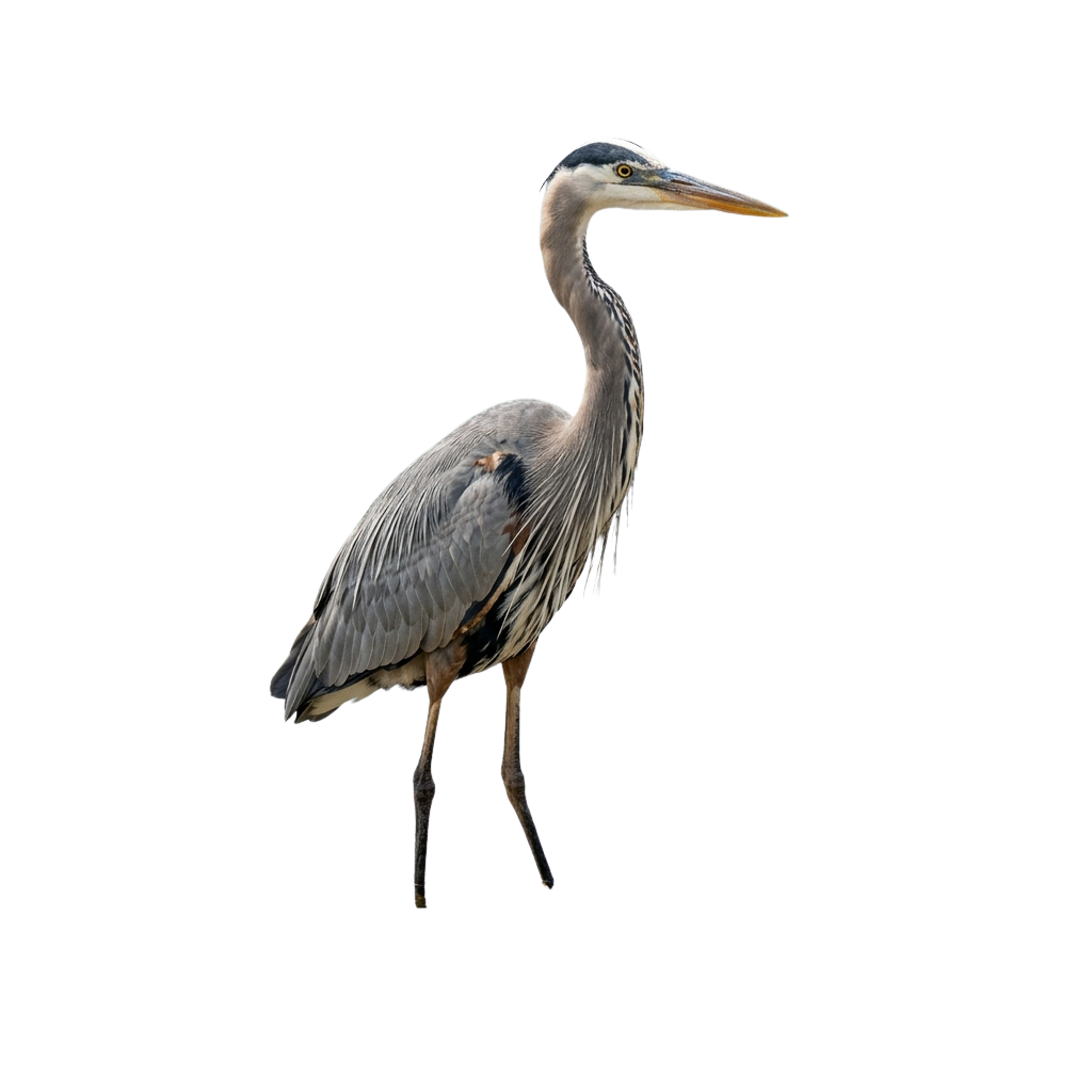 A gray heron standing on one leg with wings slightly spread against a black background