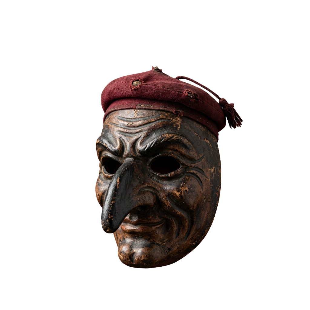 Old wooden mask featuring exaggerated facial features and a red hat, showing signs of aging and wear
