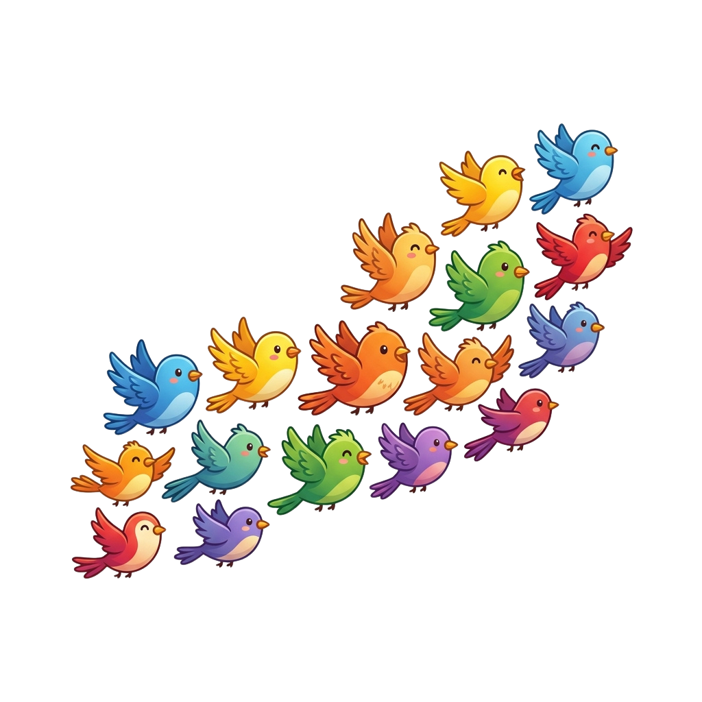 A group of cartoon birds in various bright colors flying in a curved line against a black background