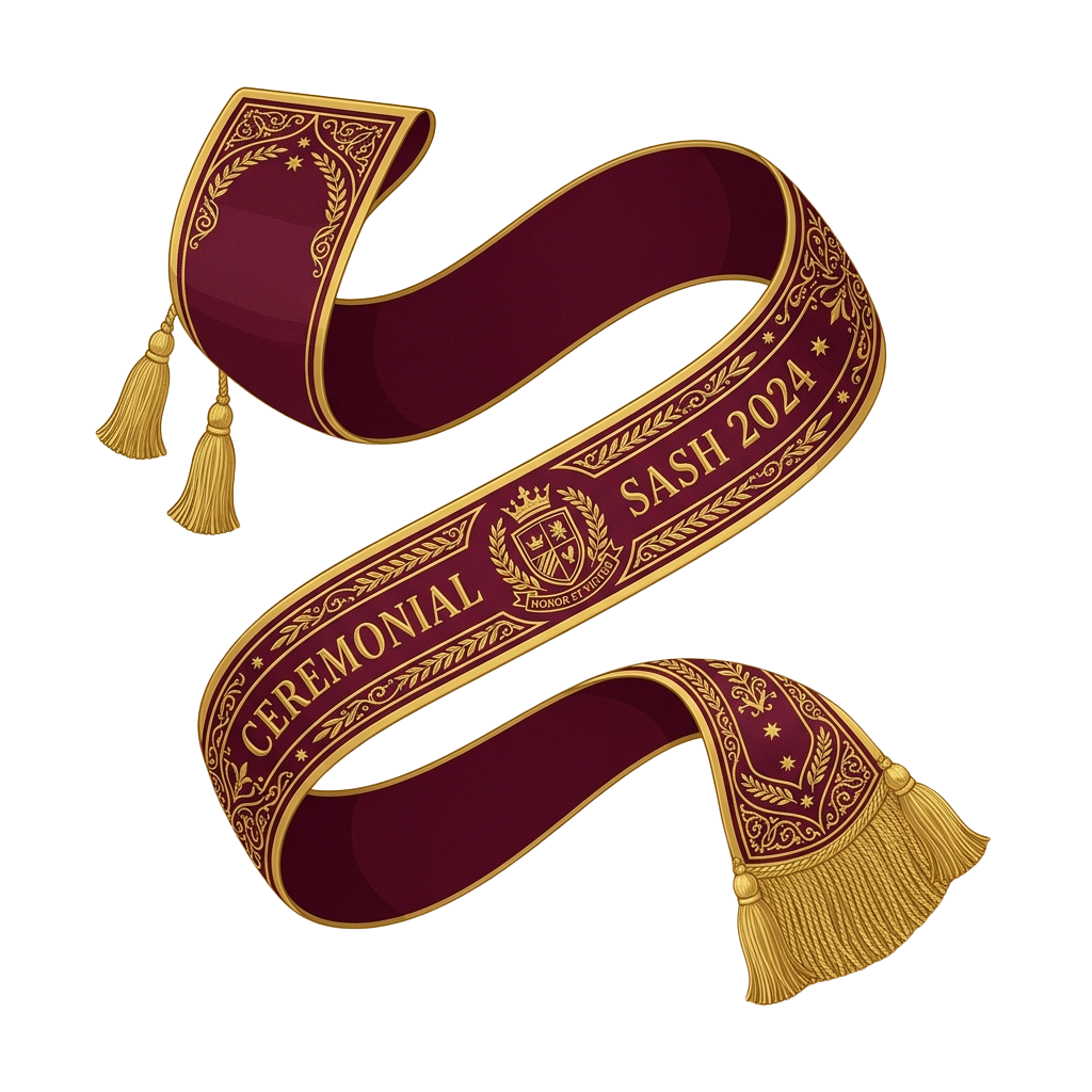 A maroon ceremonial sash with gold embroidery and tassels, labeled SASH 2024 and featuring a coat of arms design.