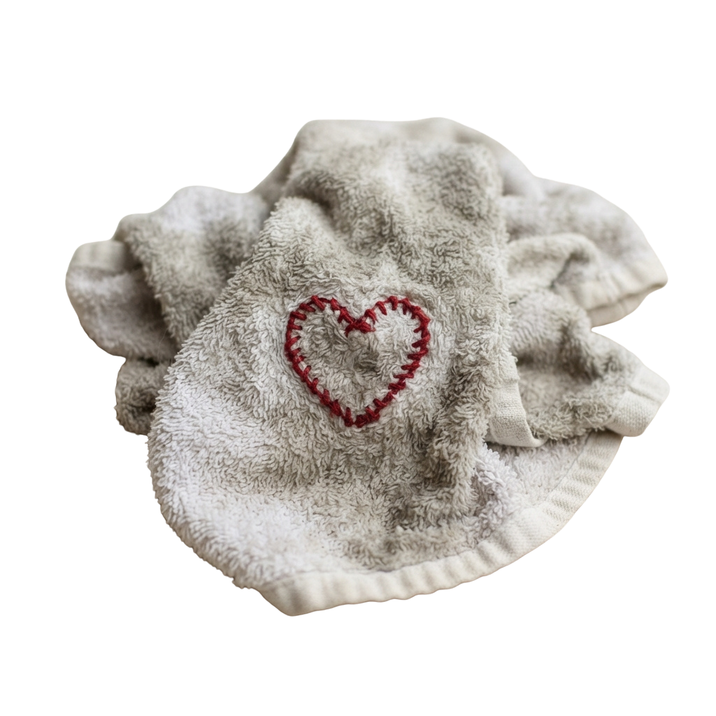 Gray knitted baby hat with a red embroidered heart in the center