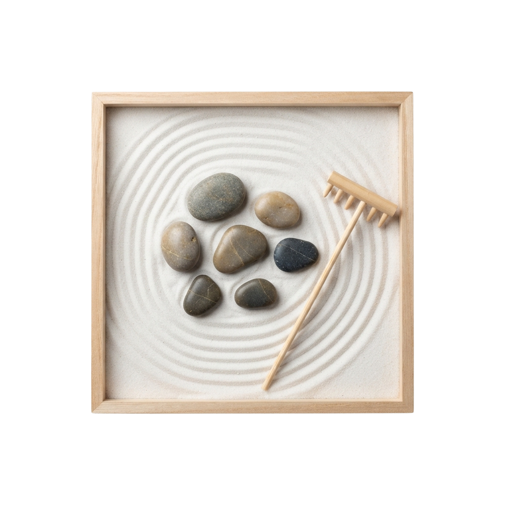 A framed zen garden with smooth stones arranged in sand and a bamboo rake tool