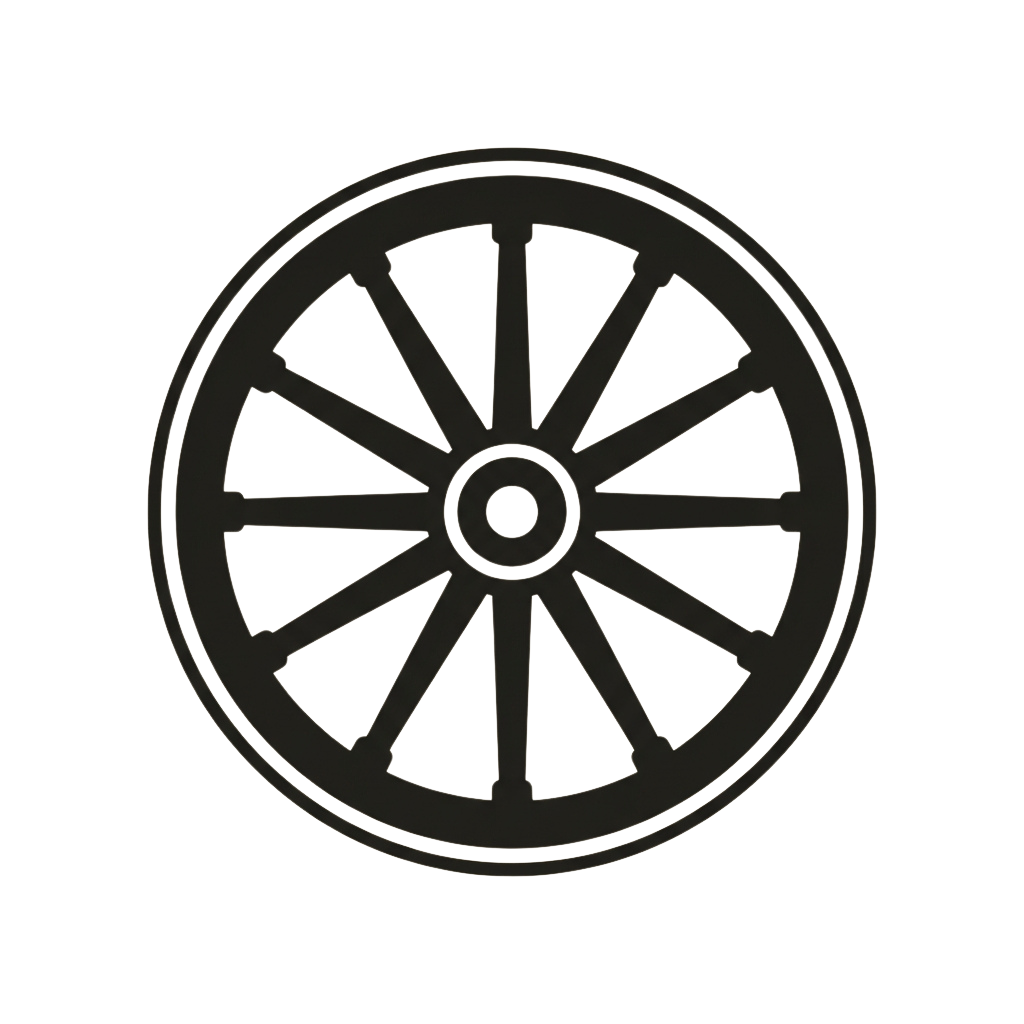 Black and white illustration of a classic wheel with eight spokes and a central hub