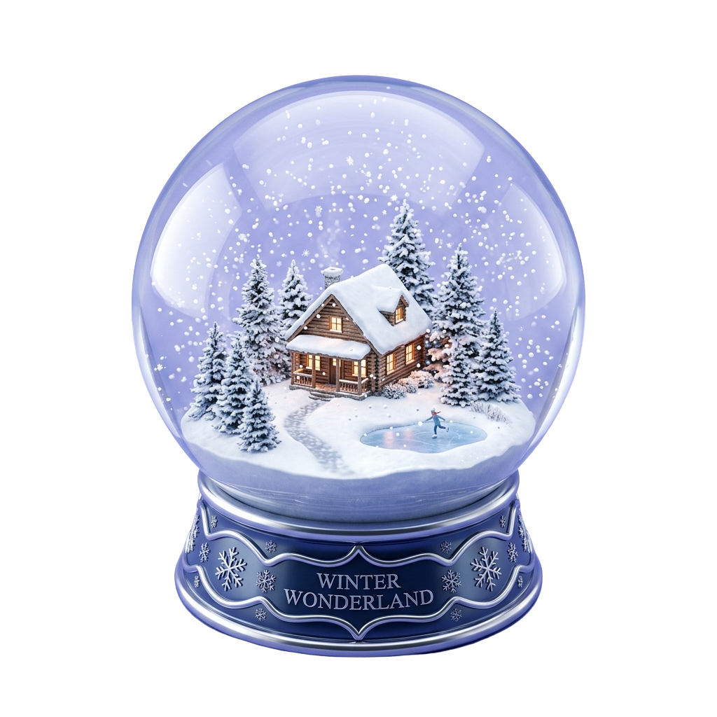 A snow globe depicting a winter scene with a wooden cabin, snow-covered trees, and falling snowflakes