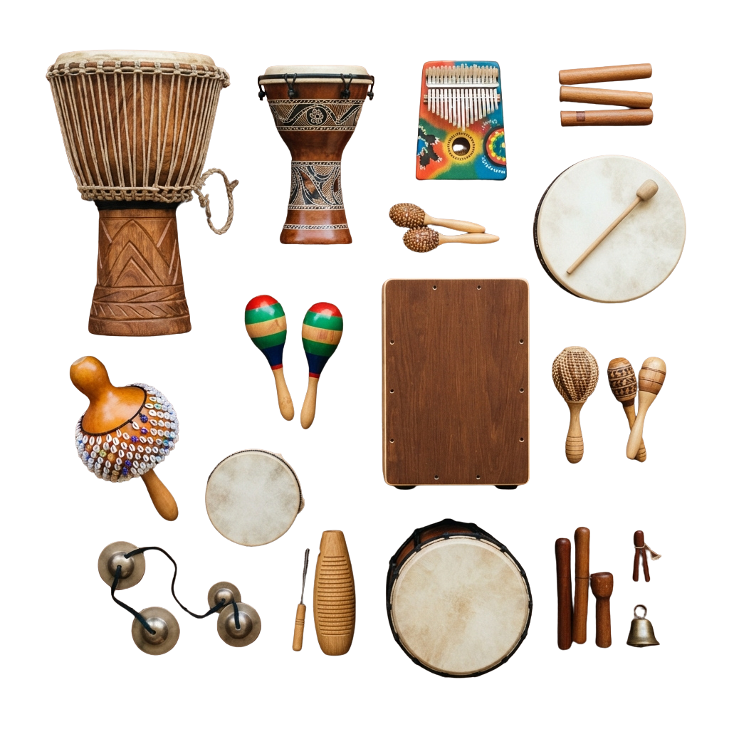 Collection of various traditional percussion instruments including drums, maracas, shakers, and a xylophone laid out on a black background