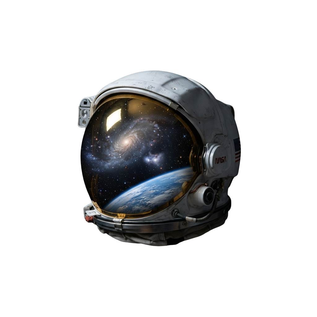A futuristic astronaut helmet showing Earth, space, and a galaxy through its visor