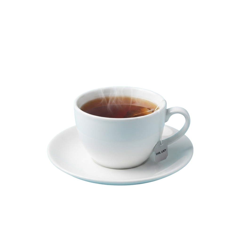 A white ceramic cup filled with steaming hot tea on a matching saucer