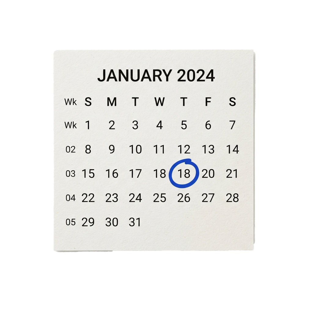 Calendar showing January 2024 with the date January 18 circled in blue