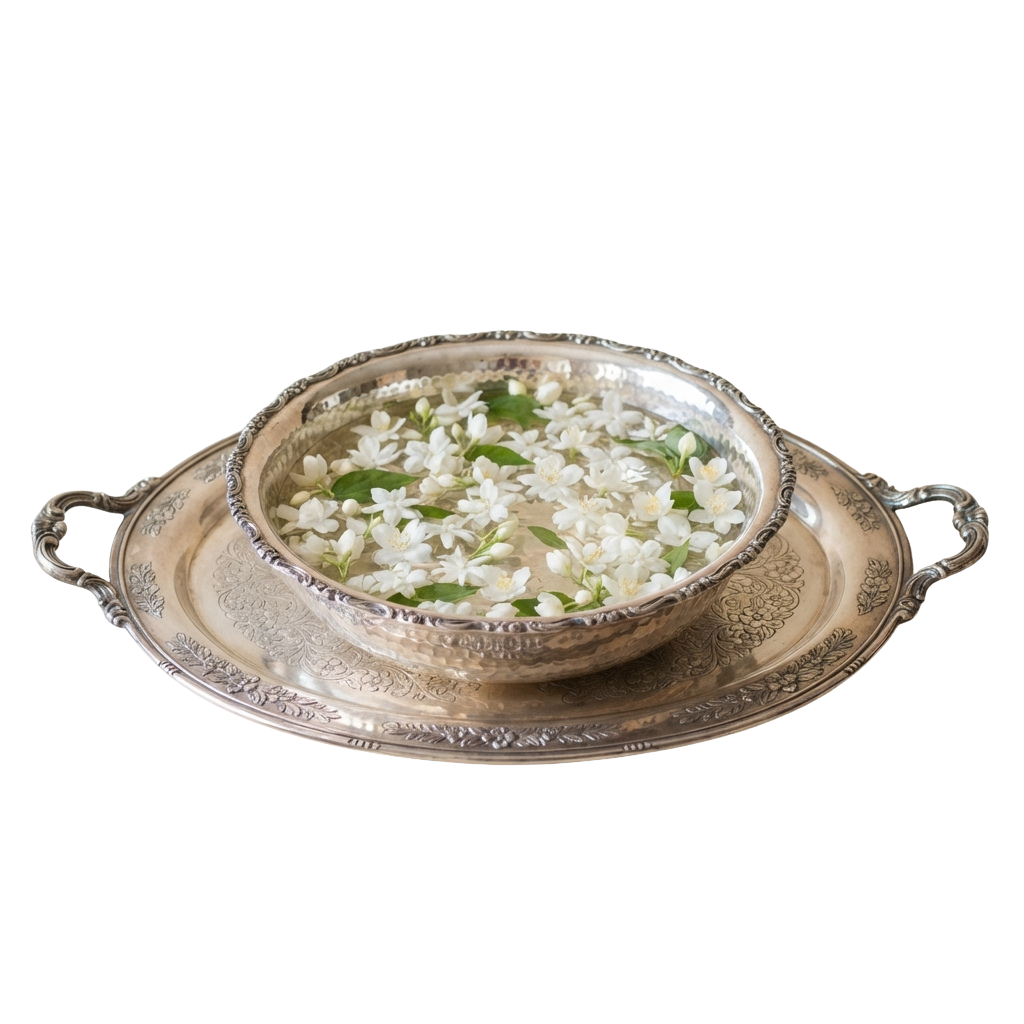 Silver decorative tray with small white flowers and green leaves inside