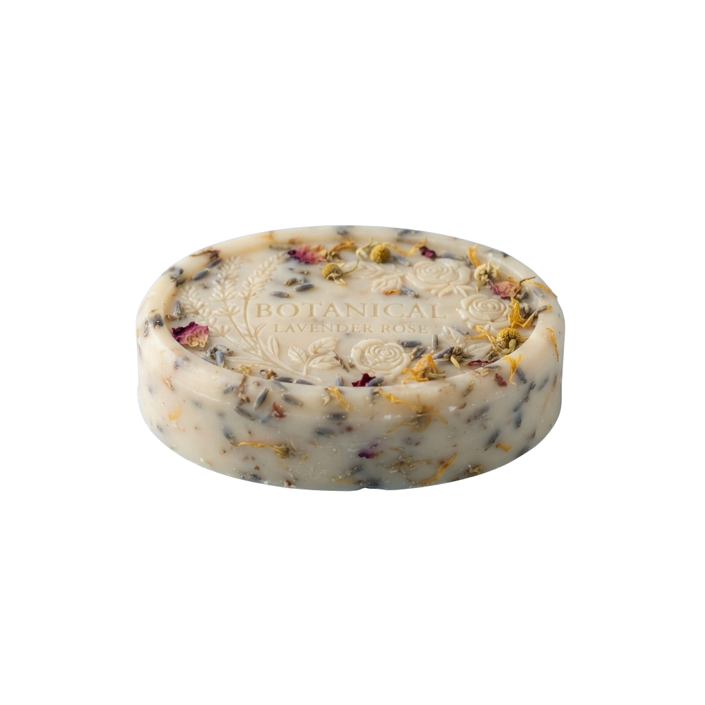 Round bar of lavender rose scented soap with floral and herb specks embedded in a white base
