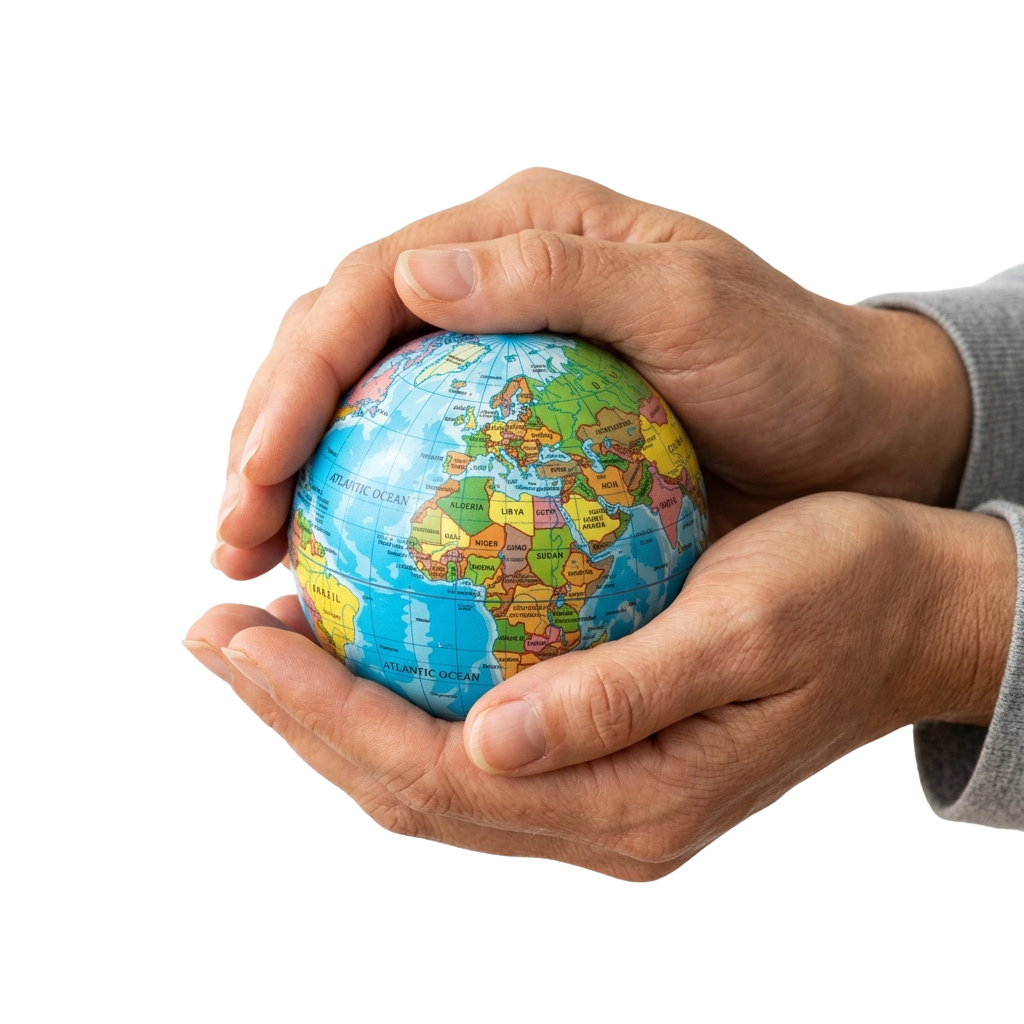 Two hands carefully holding a small globe with detailed continents and oceans.