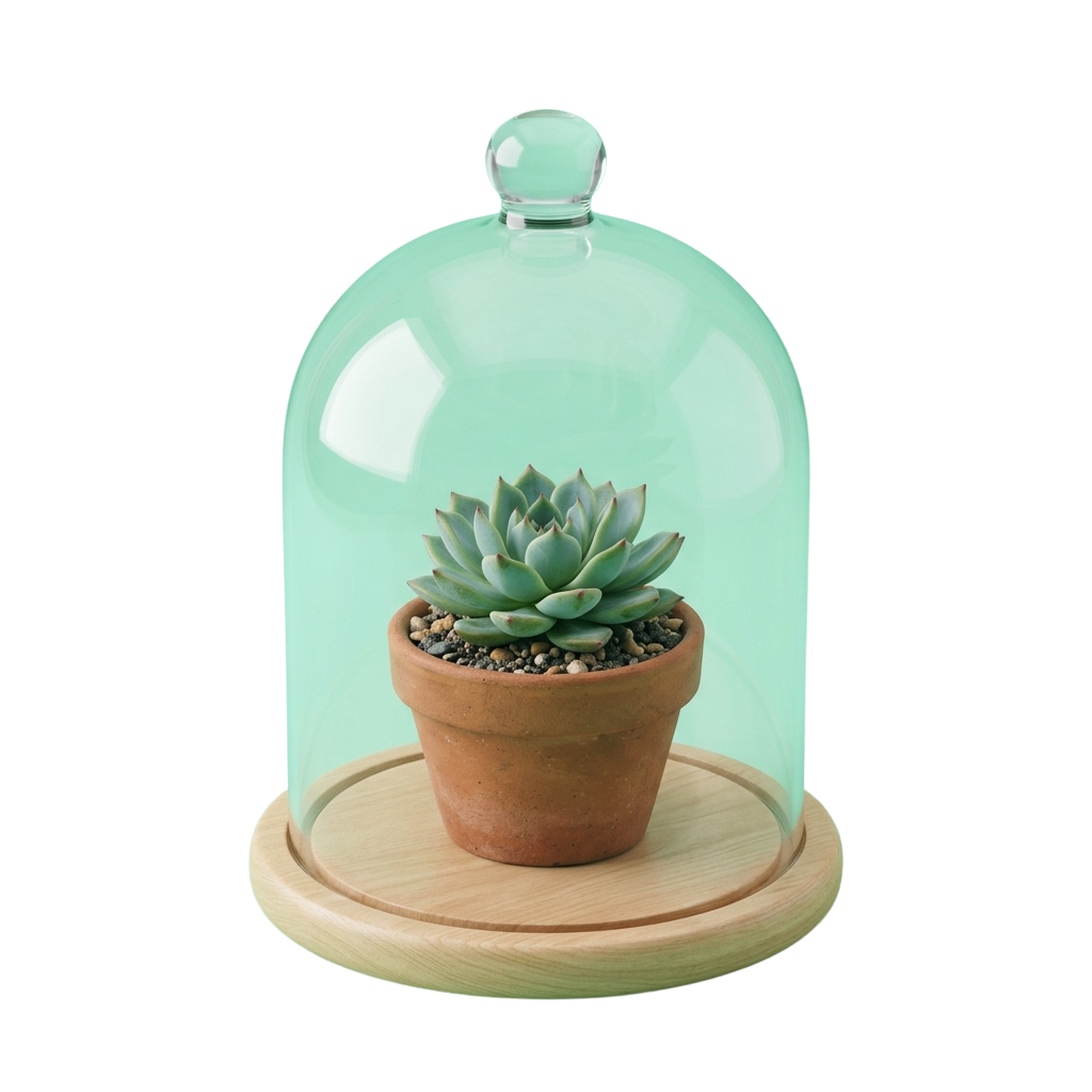 A clear glass terrarium with a wooden base containing a small potted succulent plant.