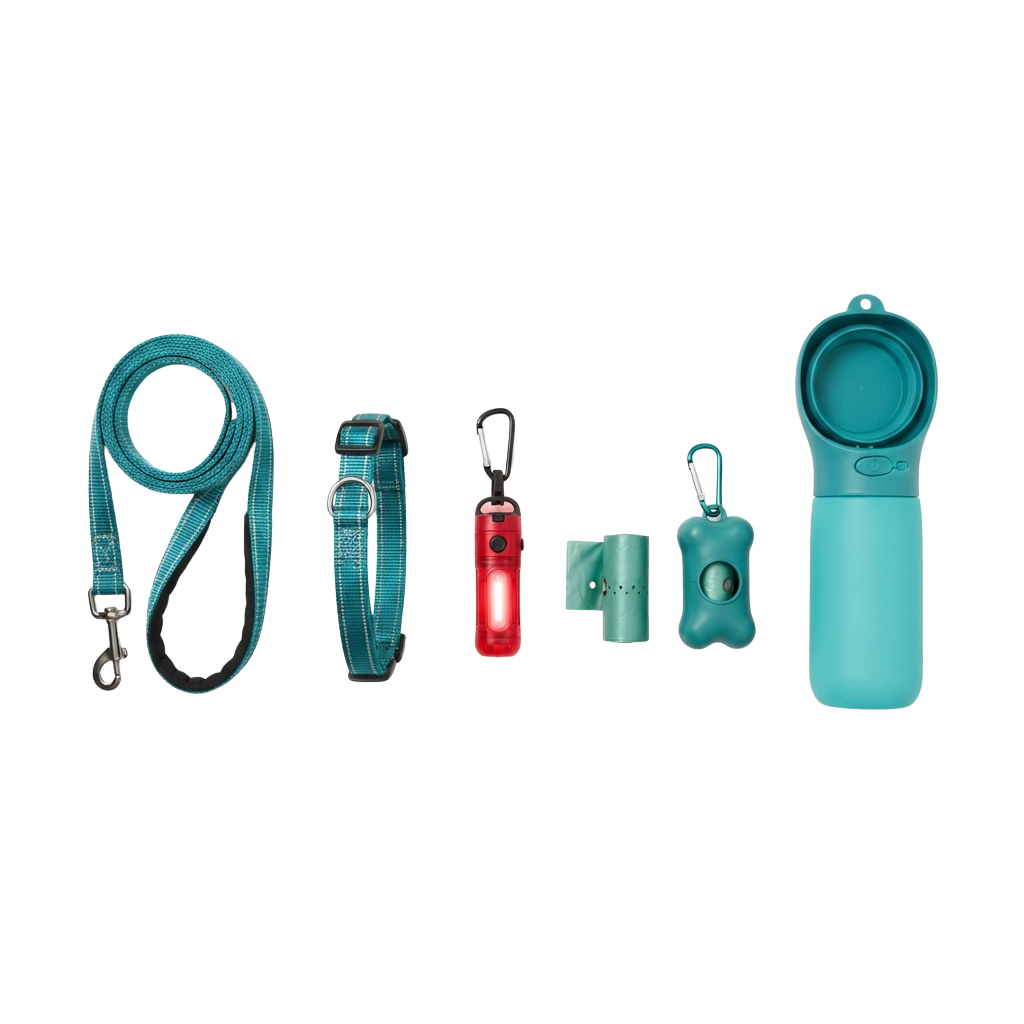 A collection of dog accessories including a leash, harness, LED light, poop bags, and a portable water bottle.