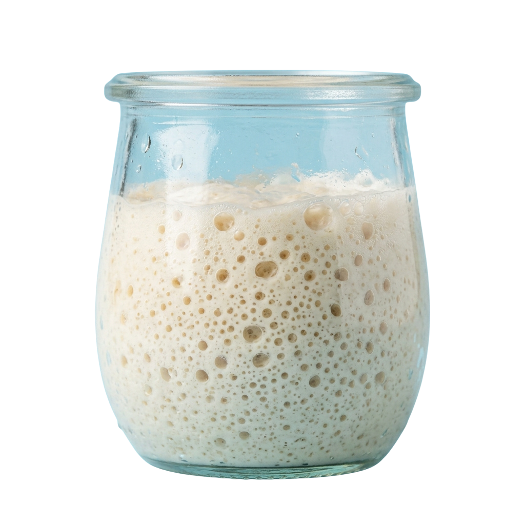 A clear glass jar filled with bubbly sourdough starter mixture