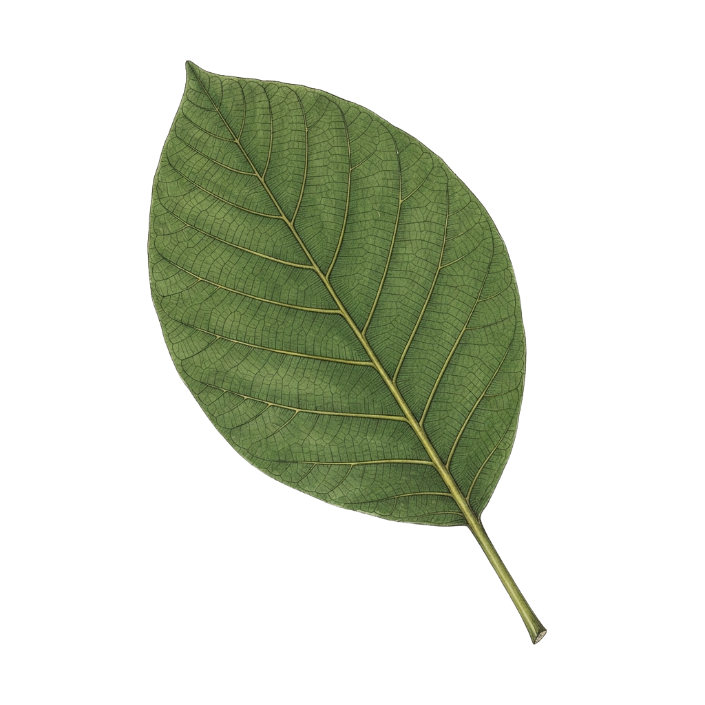 A detailed image of a single green leaf with prominent veins and a stem.