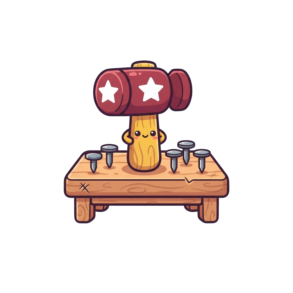 A cheerful cartoon carrot with a hammer and two white stars on it, nailing nails into a wooden workbench.
