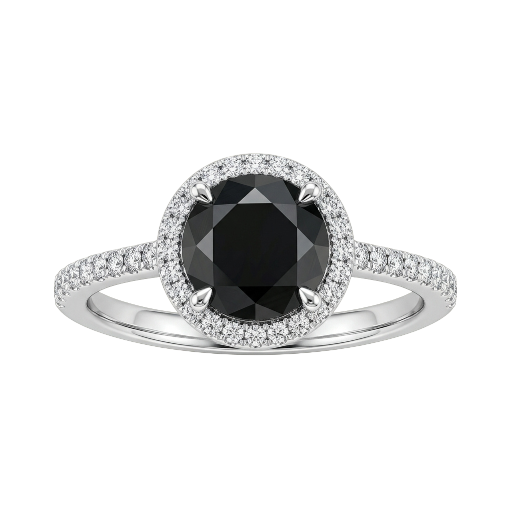 A sleek engagement ring featuring a large black diamond center stone surrounded by small diamonds on the band