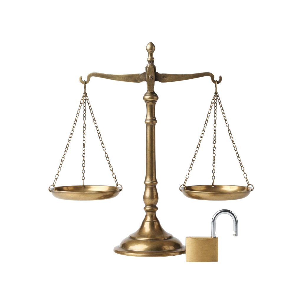 A brass-colored balance scale with a padlock symbol beside it on a black background