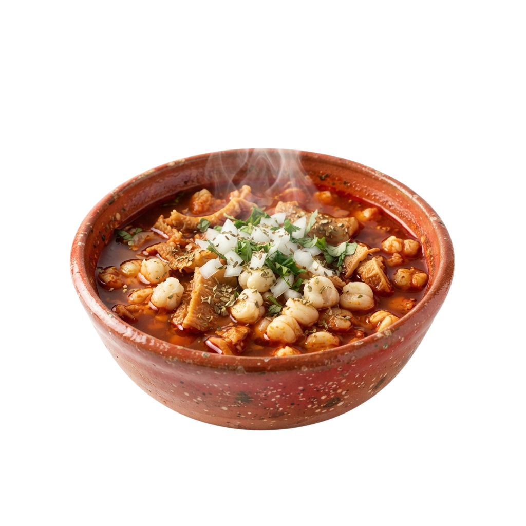 A steaming bowl of chickpea stew topped with chopped onions and herbs in a clay pot