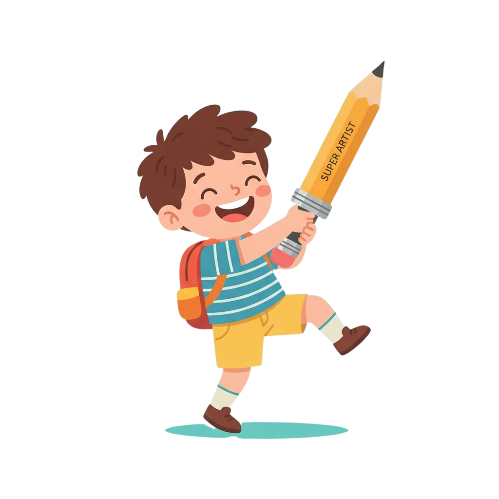 A cheerful child holding a large pencil labeled Super Artist, smiling and standing confidently.