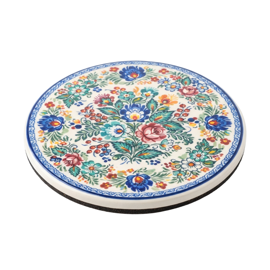 Decorative ceramic plate with colorful floral patterns and blue border
