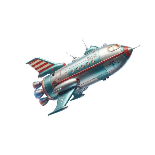 A stylized illustration of a retro rocket ship with red, white, and blue accents against a black background