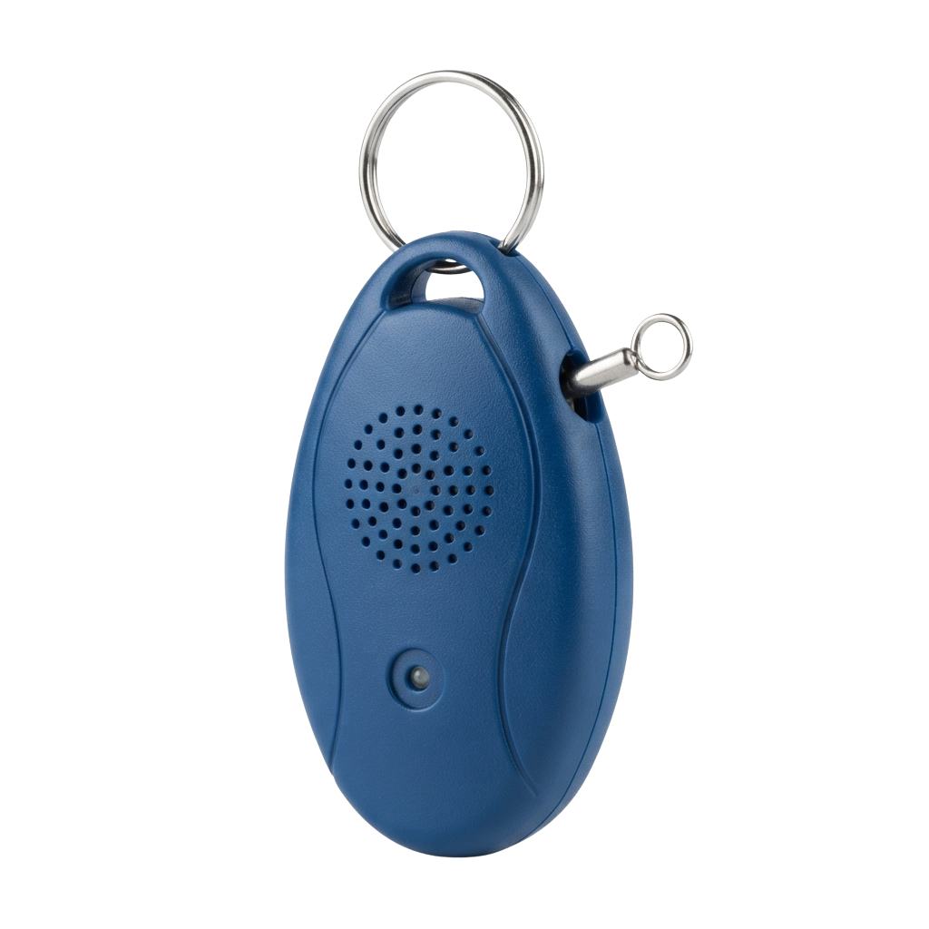 Small blue keychain speaker with a speaker grille and metal ring attachment