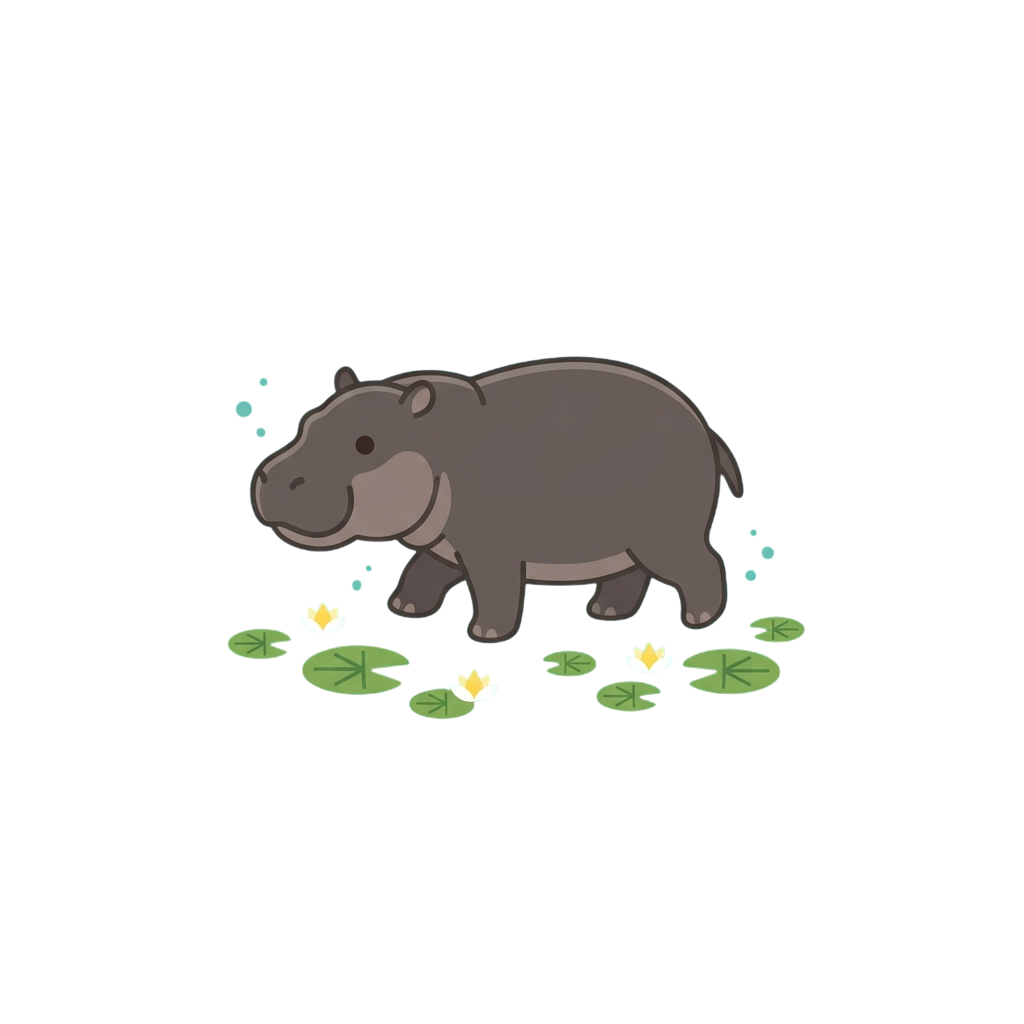 A stylized cartoon hippopotamus standing near water lilies with droplets around it