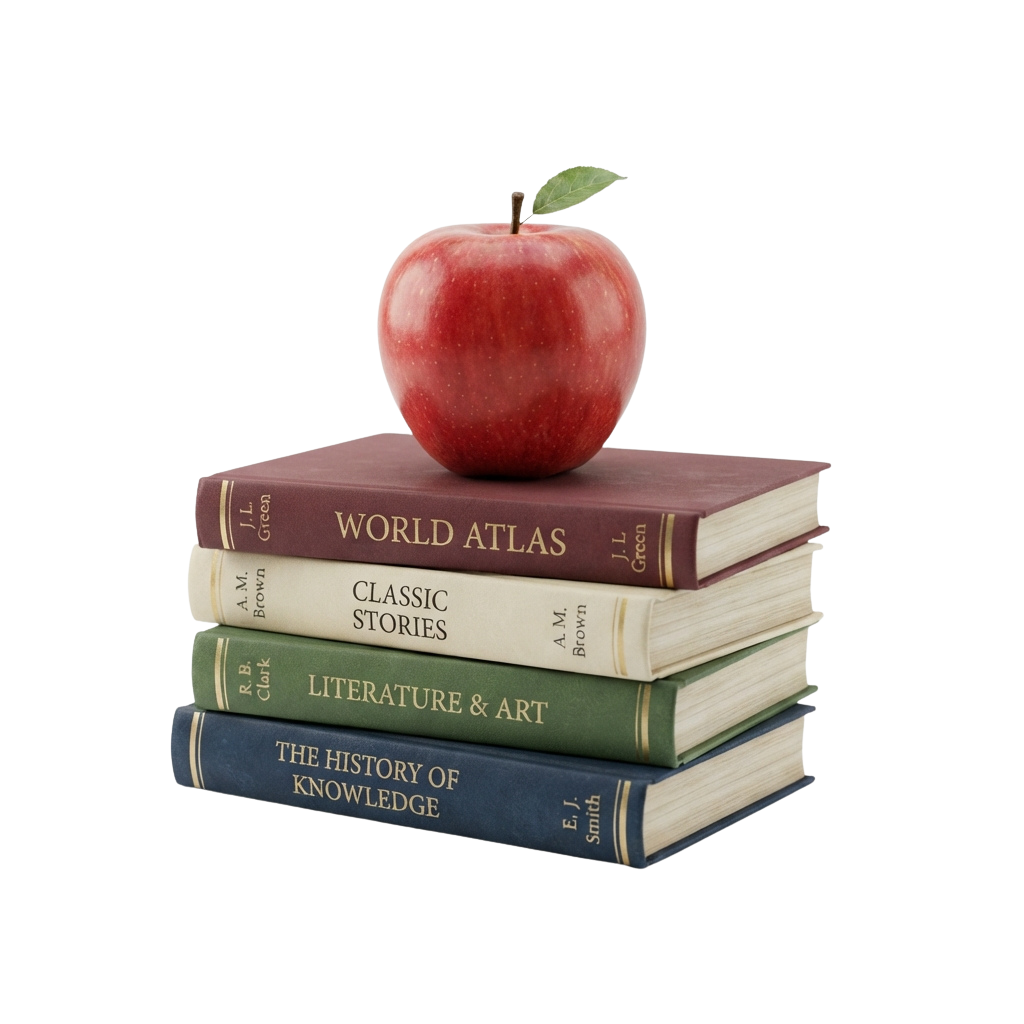 Red apple balanced on top of four books titled World Atlas, Classic Stories, Literature and Art, and History of Knowledge
