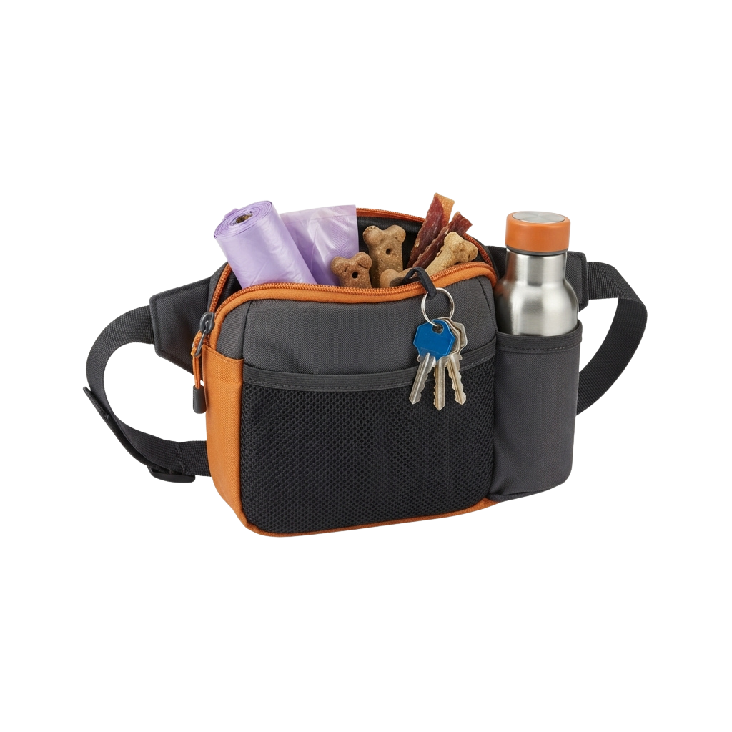 Gray and orange waist bag holding dog treats, wipes, keys, and a water bottle