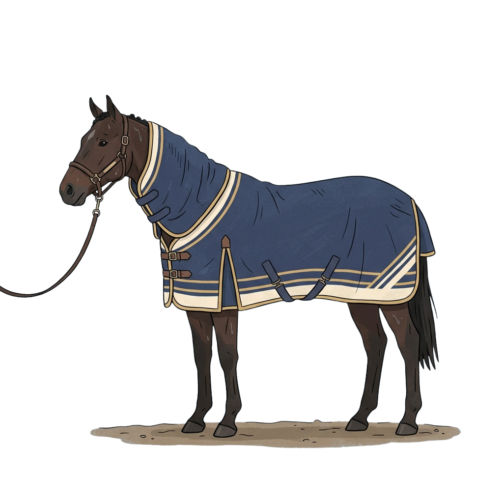 A brown horse standing on a surface wearing a blue exercise sheet with white and yellow stripes