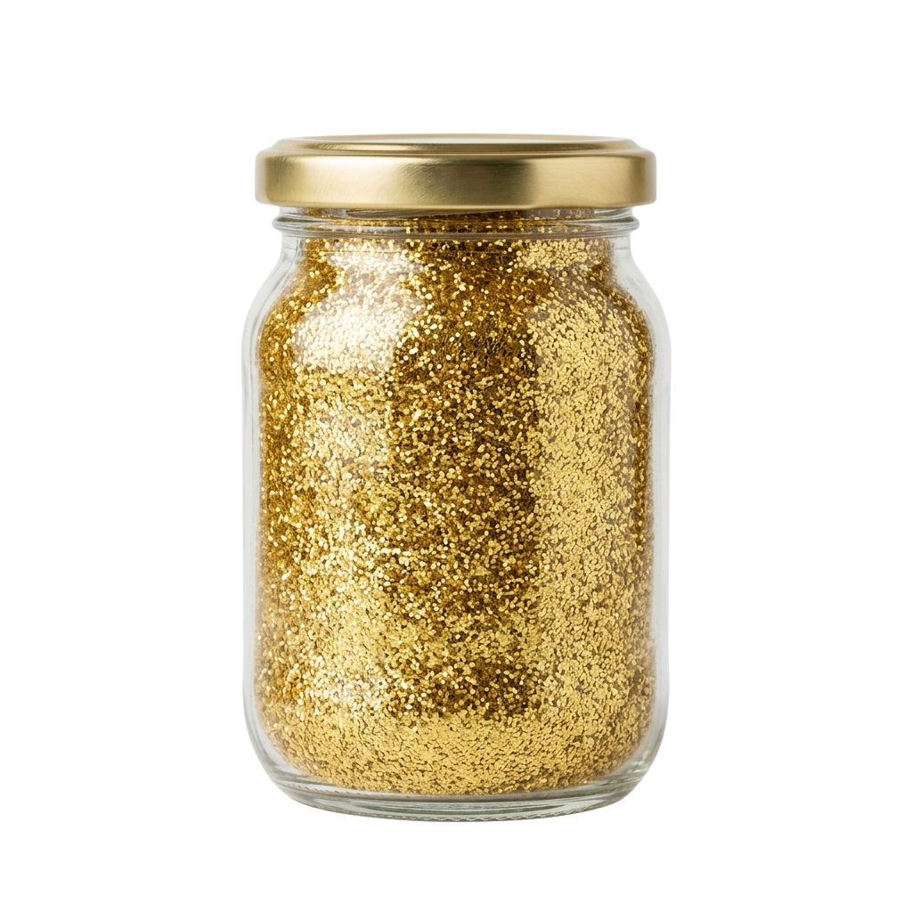 A clear glass jar with a gold lid filled with golden, glittery seasoning or spice particles