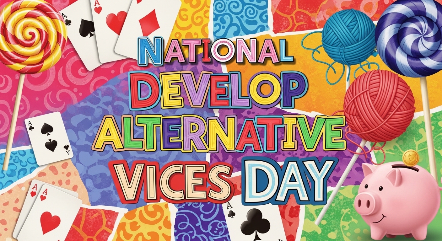National Develop Alternative Vices Day Graphic with Cards, Candy, Yarn, Piggy Bank - Feature Imagefeb 09