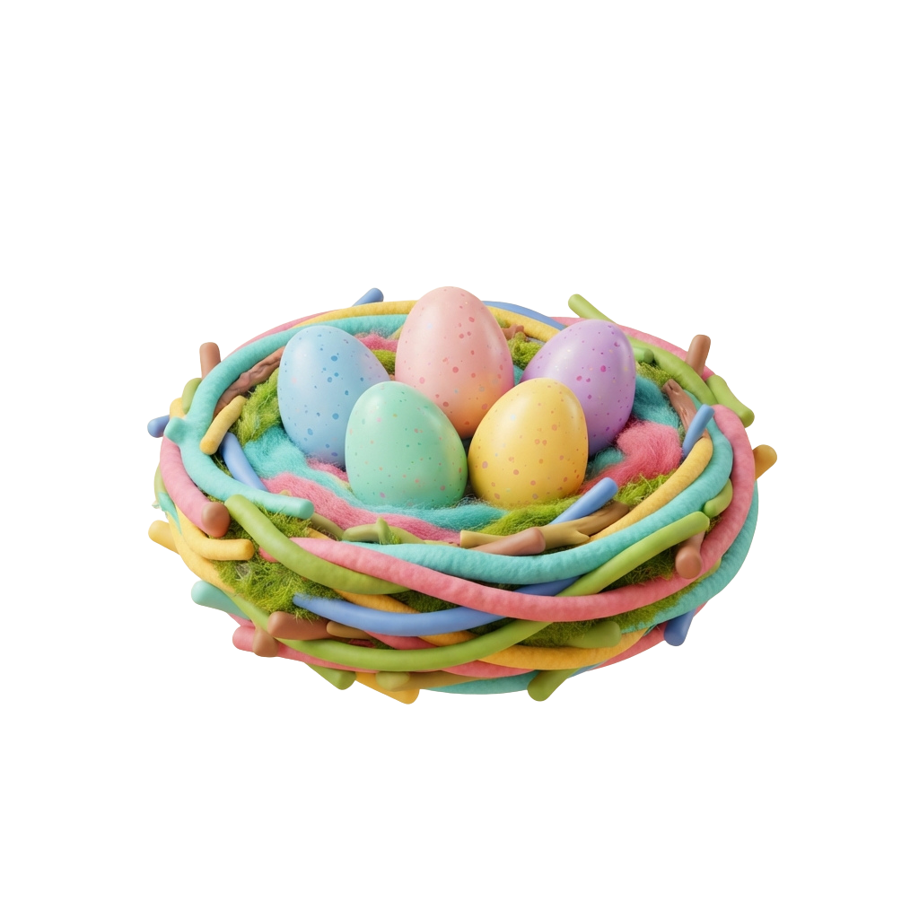 A vibrant candy nest filled with pastel-colored Easter eggs and candy sticks