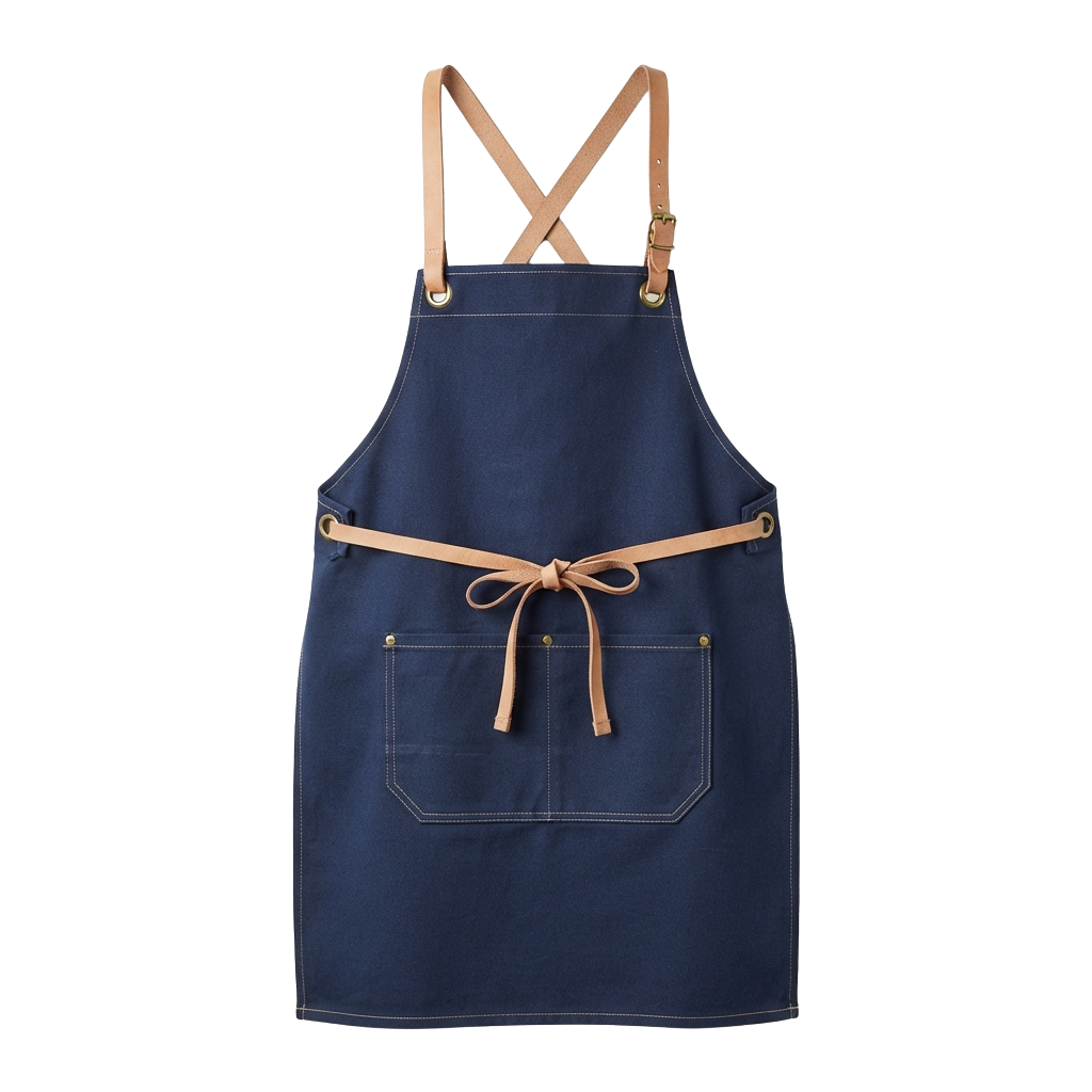 Navy blue apron with tan leather straps and belt, featuring two front pockets and a tied waistband
