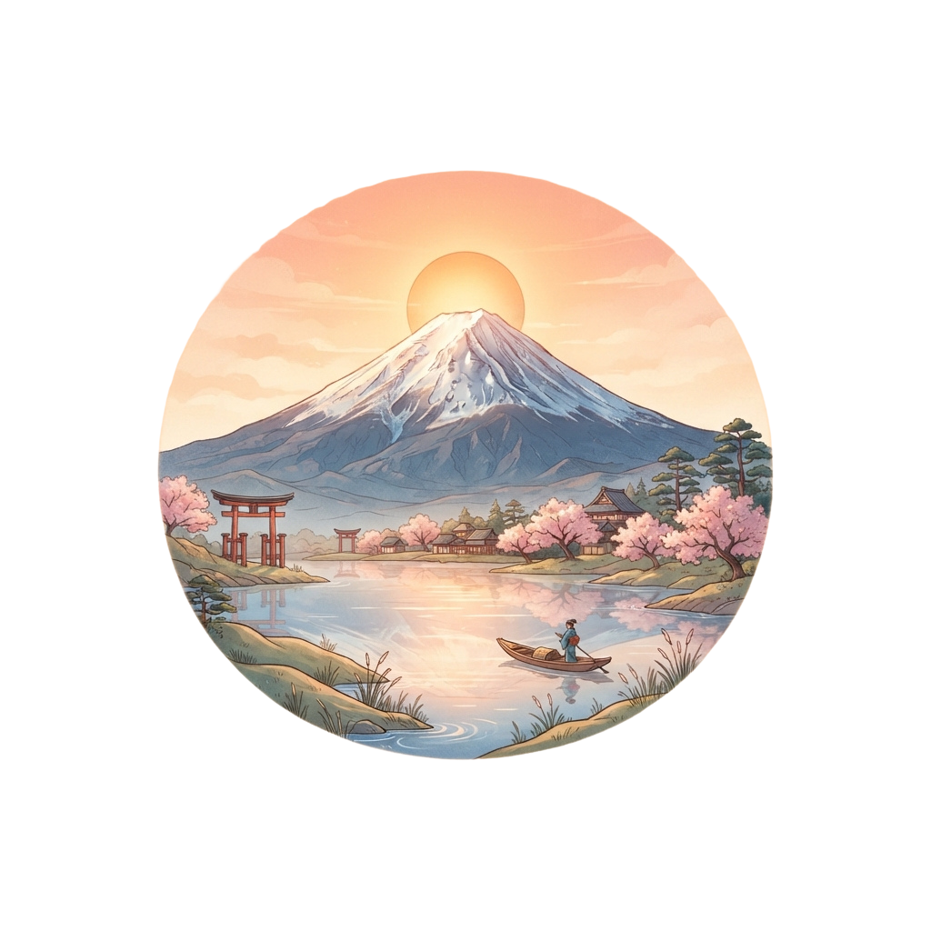 A tranquil scene of a mountain with a rising sun, cherry blossoms, a lake, and a person rowing a boat near a torii gate