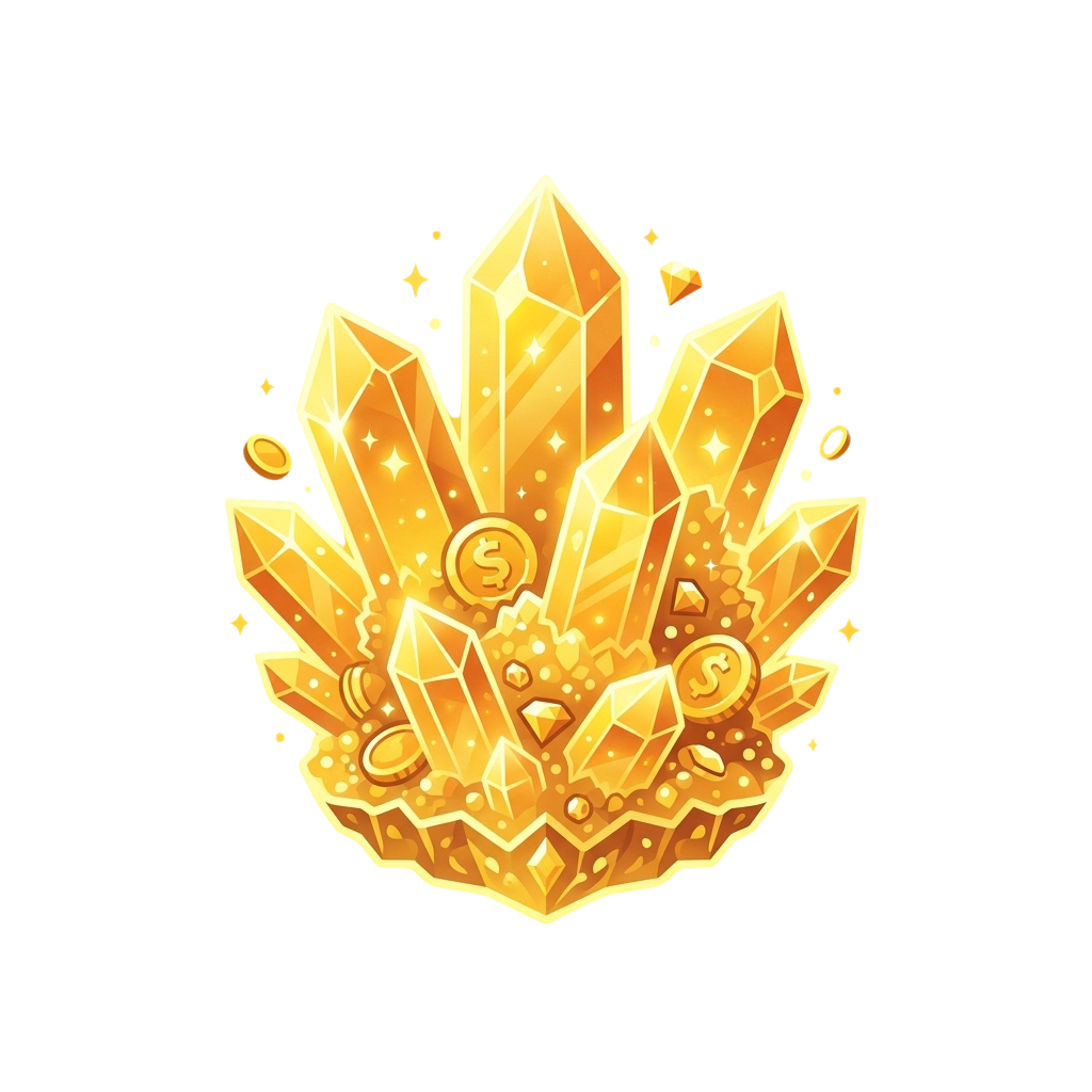 Illustration of a cluster of golden crystals with embedded coins and sparkles