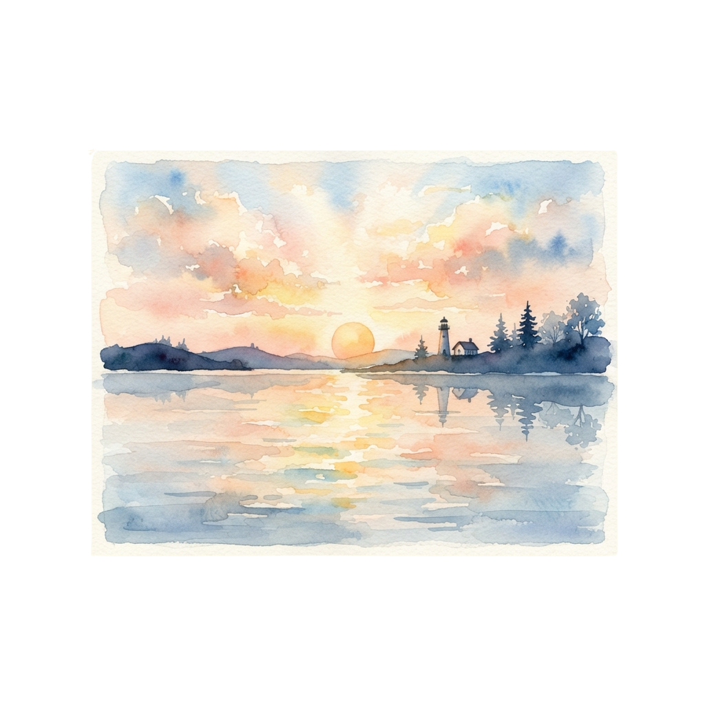 A serene watercolor painting of a sunset over calm water with a lighthouse and trees on the shore