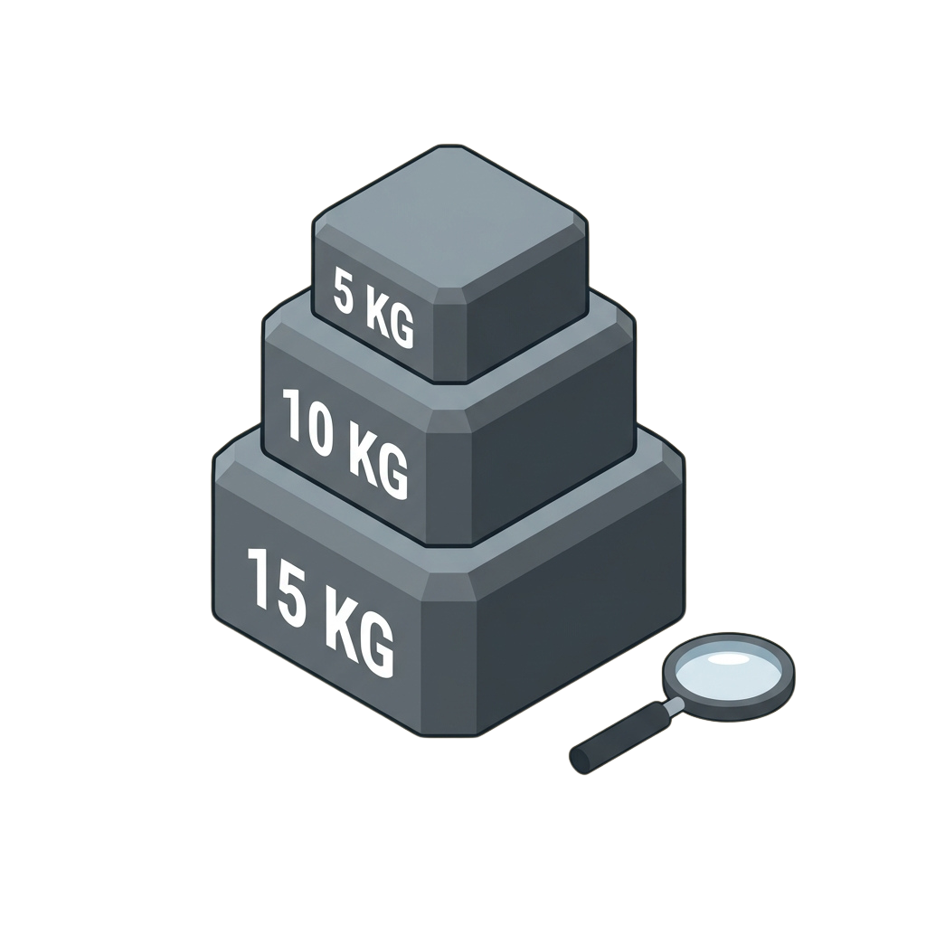 Three isometric blocks labeled 5 kg, 10 kg, and 15 kg stacked in descending order with a magnifying glass