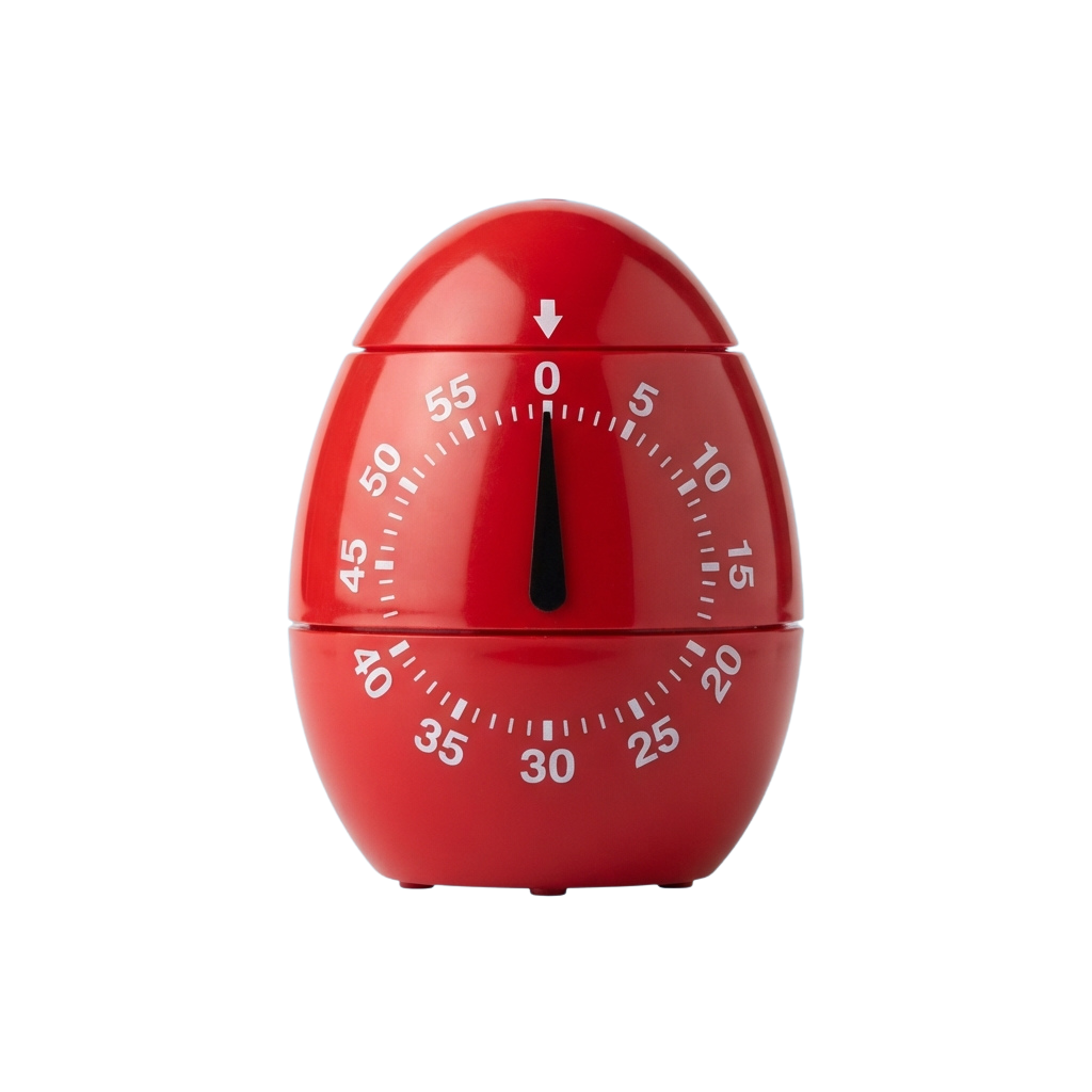 Red egg-shaped timer showing 0 minutes with minute markings around the dial