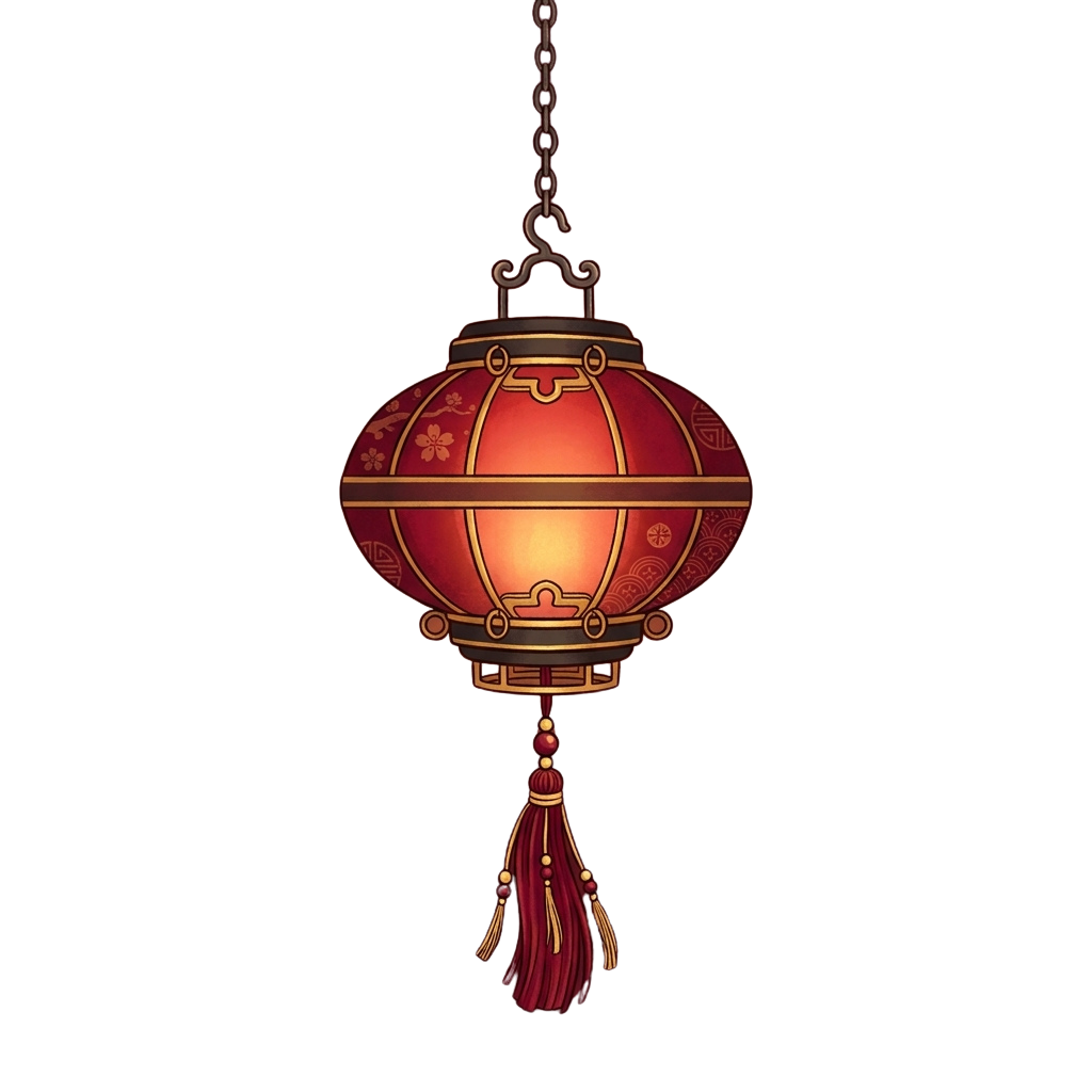 A glowing red paper lantern with gold trim and a decorative tassel hanging from a chain