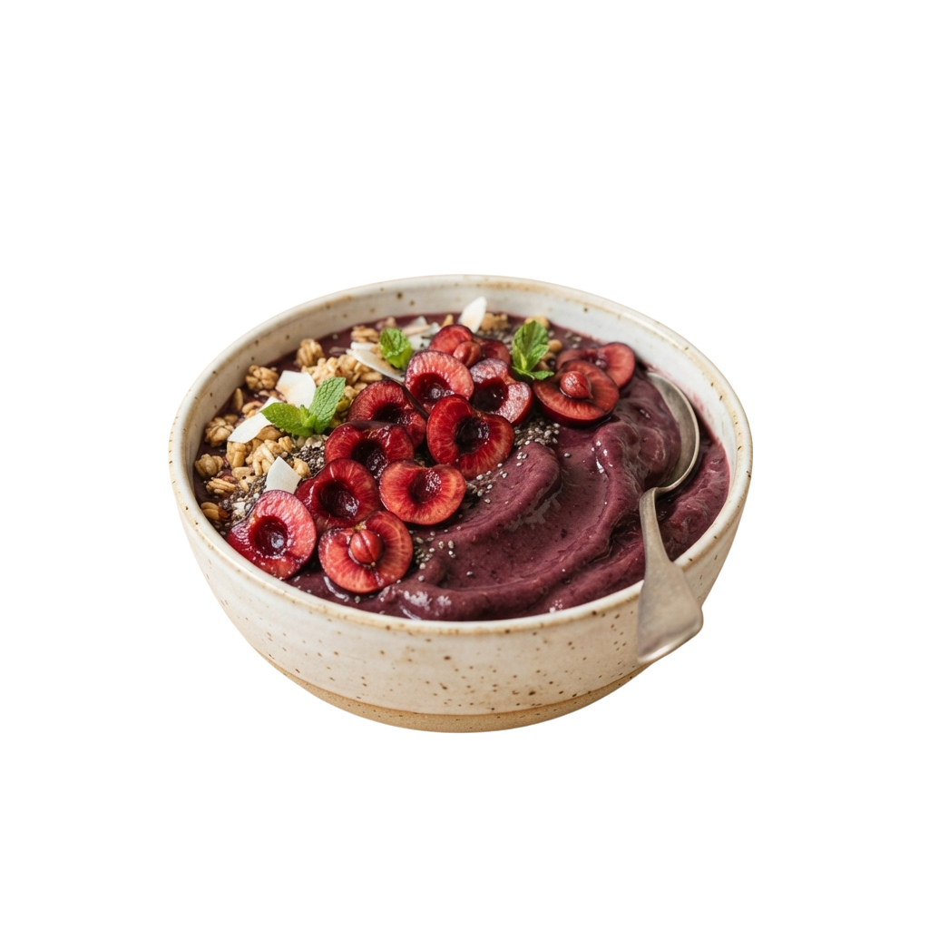 Bowl of dark purple yogurt topped with fresh cherries, granola, seeds, and mint garnish